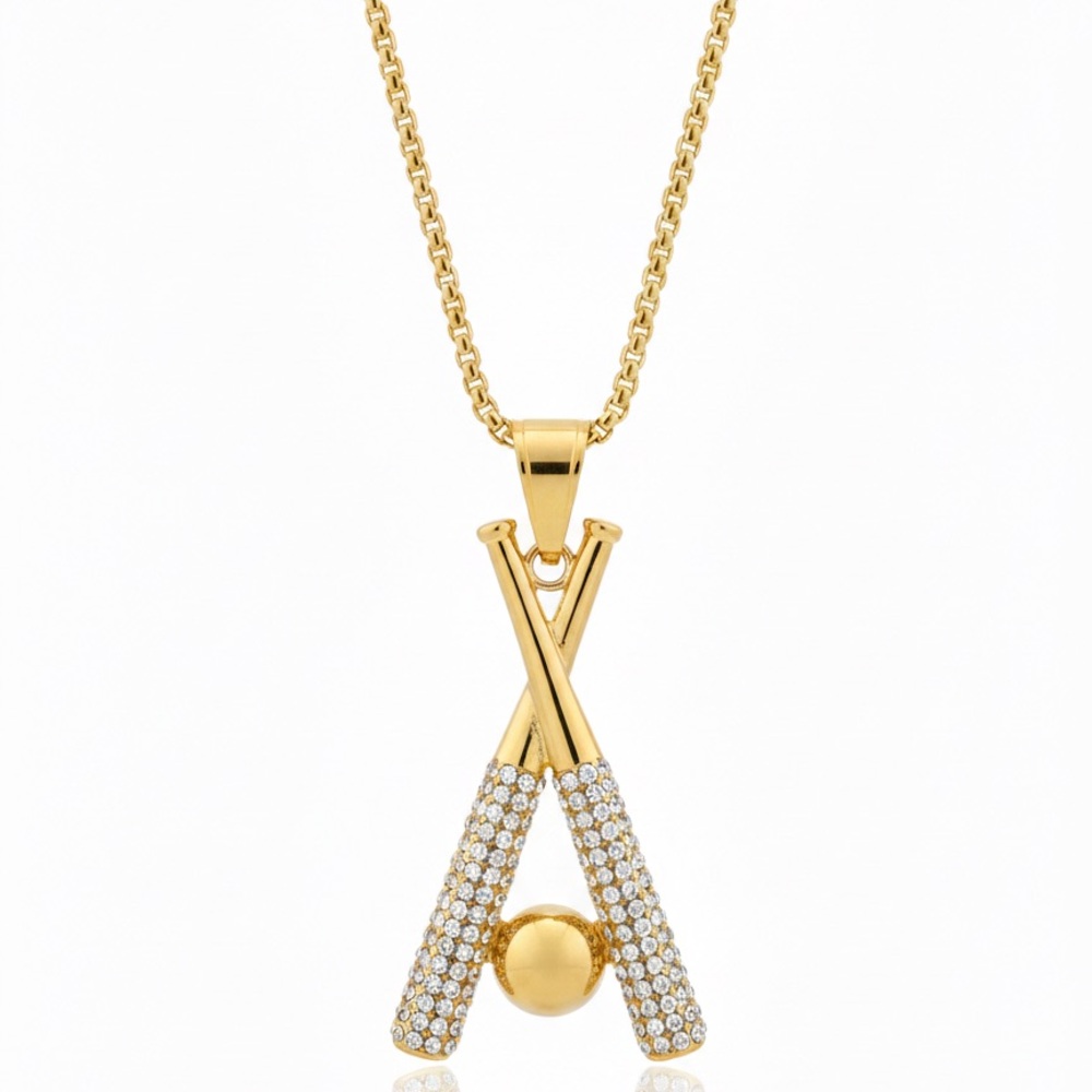 Baseball Bat Pendant Necklace (Gold-Plated Stainless Steel, 24” Chain Included)